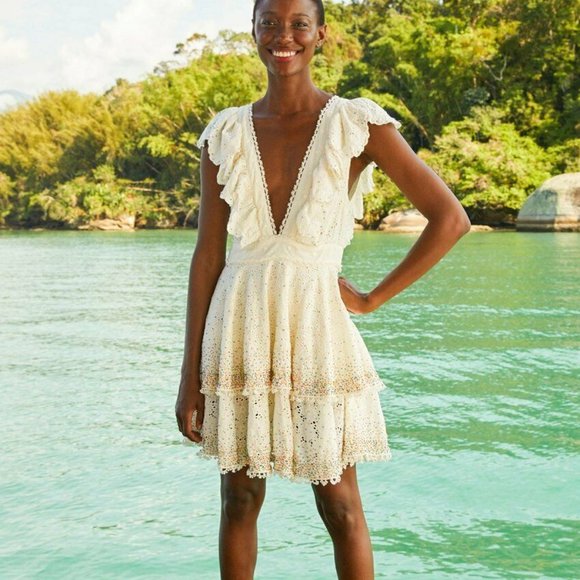 Farm Rio Eyelet Patch Beaded Mini Dress Ruffle Lace Tiered L